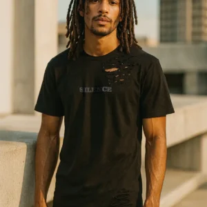 Silence Graphic Tee black cotton hand-cut distressed unisex streetwear