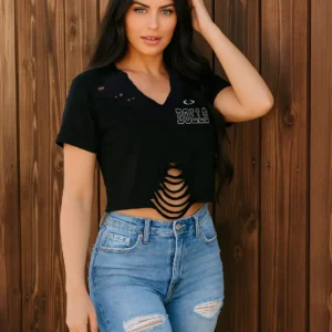Dolls Black Crop Top women cotton distressed streetwear crop tee