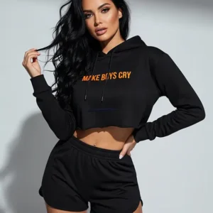 Make Boys Cry Crop Top Hoodie, black crop hoodie with bold red graphic, urban winter streetwear essential.