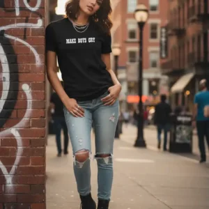 Make Boys Cry Graphic Tee, black tee with bold white graphic, urban streetwear essential.