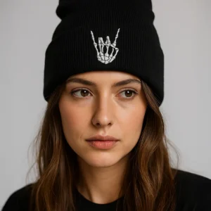 Skull Hand Beanie black with white embroidery