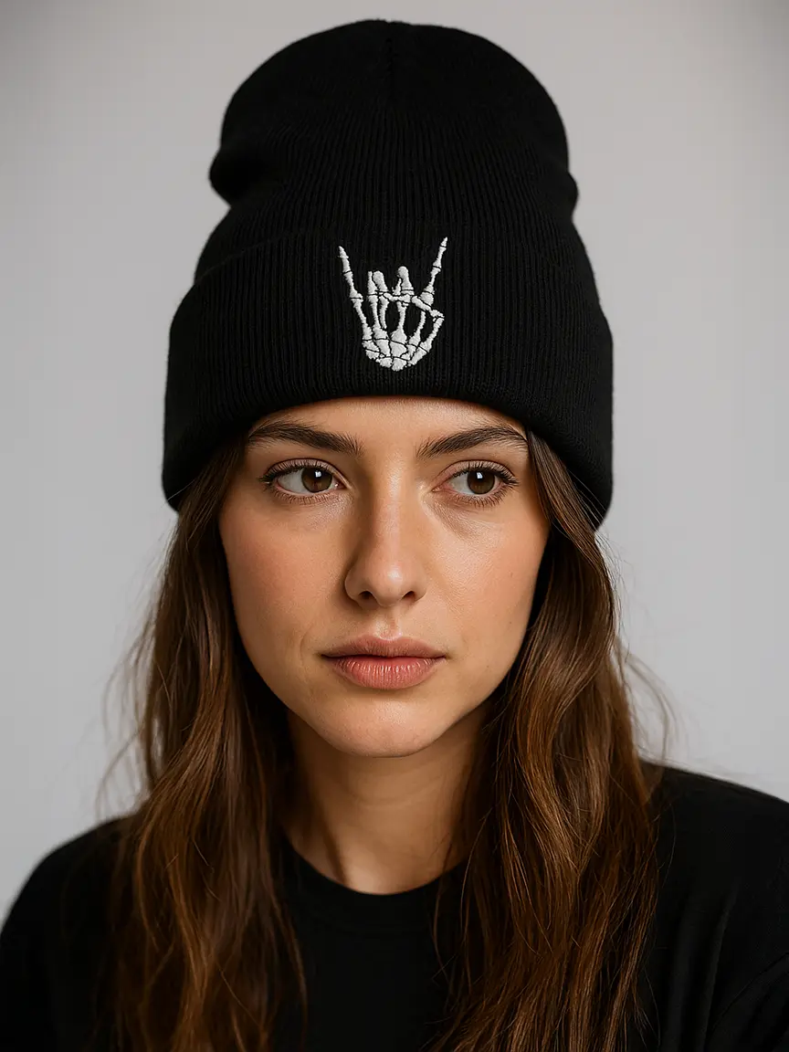 Skull Hand Beanie black with white embroidery