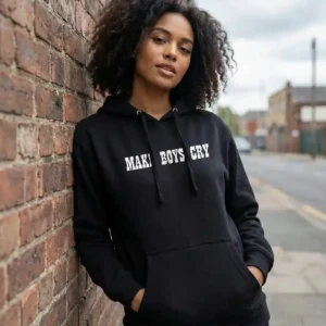 Make Boys Cry Graphic Hoodie, dark base hoodie with high-contrast text graphic, streetwear essential.