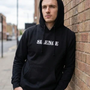 SIlence Graphic Hoodie Black polyester hoodie with white Silence graphic design, winter streetwear hoodie by Heaven Proof Clothing
