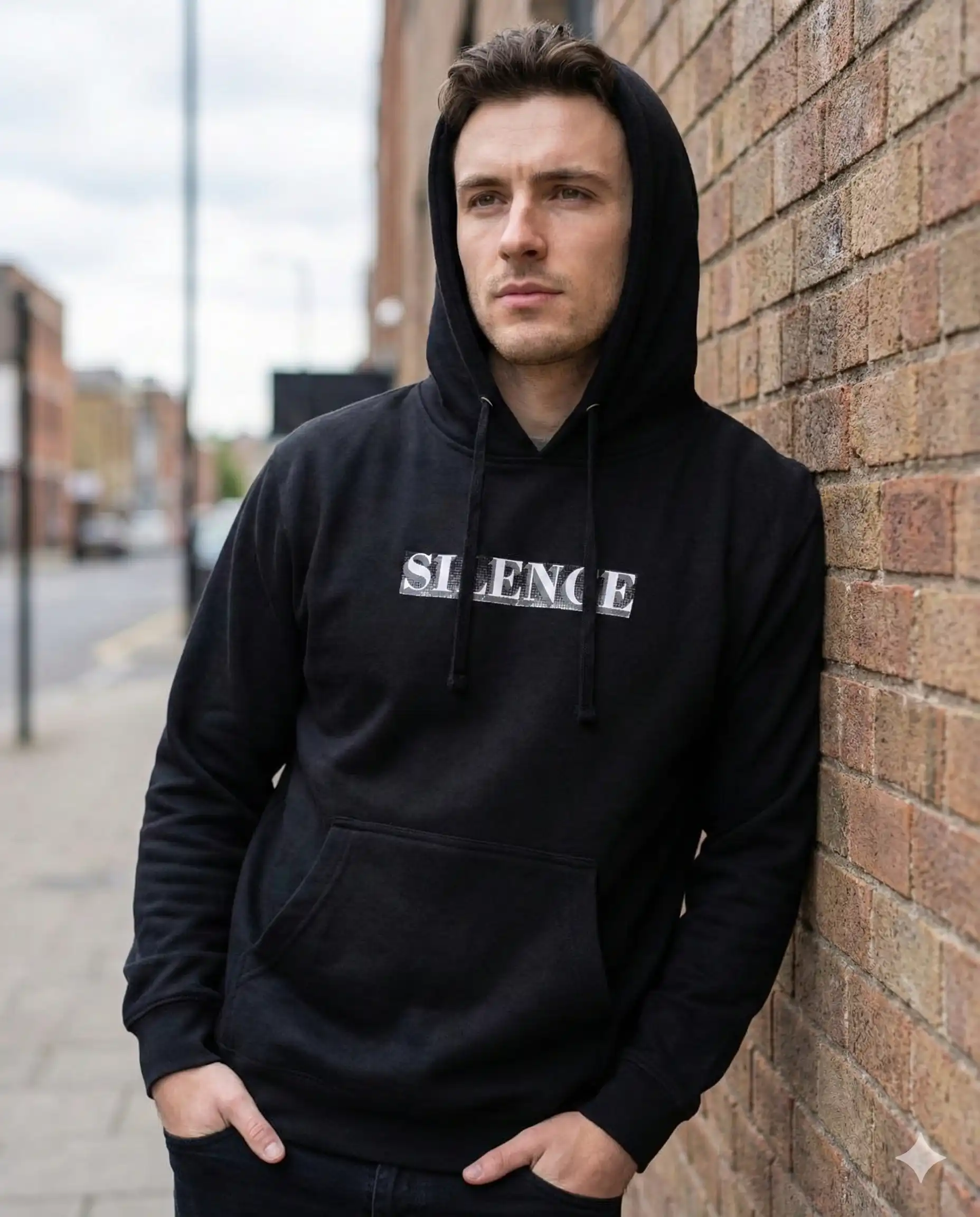 SIlence Graphic Hoodie Black polyester hoodie with white Silence graphic design, winter streetwear hoodie by Heaven Proof Clothing