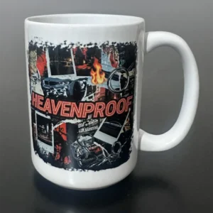 Heaven Proof coffee mug with white background and black and red design