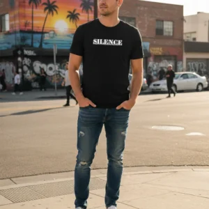 Front view of Silence Graphic Tee v2 black streetwear shirt by #heavenproof