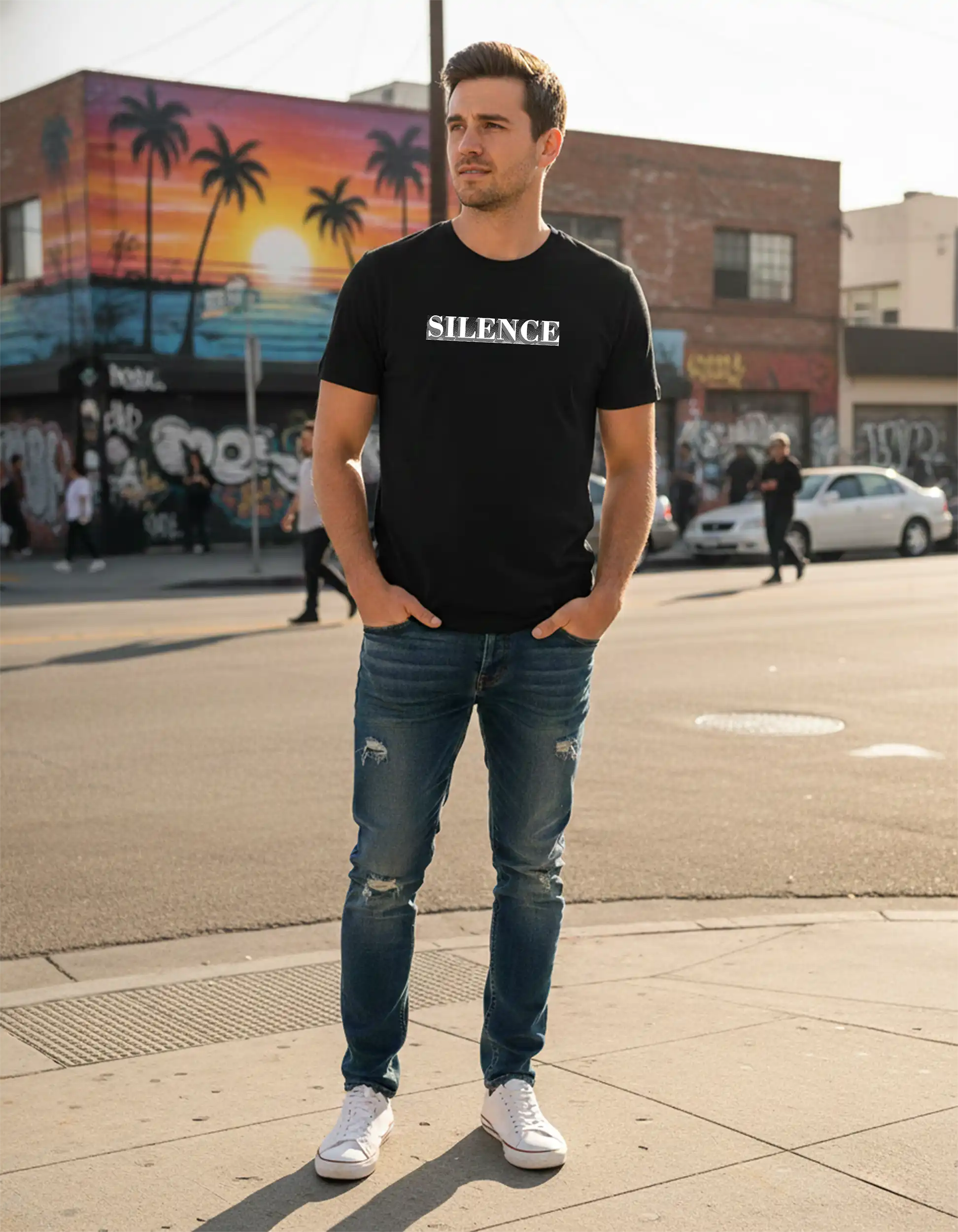 Front view of Silence Graphic Tee v2 black streetwear shirt by #heavenproof