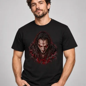 Man wearing a black T-shirt with a pale horror figure, glowing red eyes, long dark hair, and crimson graphic details.