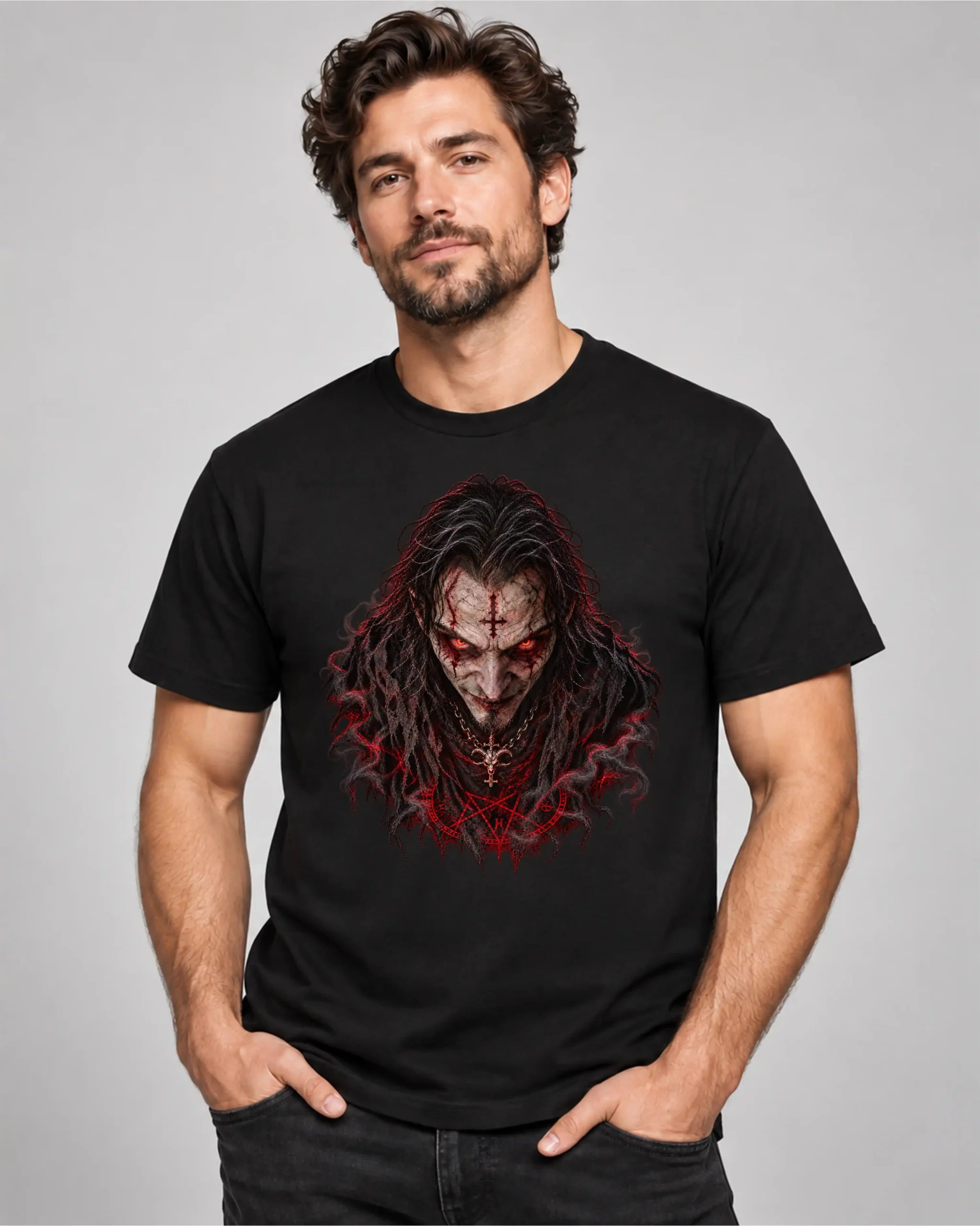 Man wearing a black T-shirt with a pale horror figure, glowing red eyes, long dark hair, and crimson graphic details.