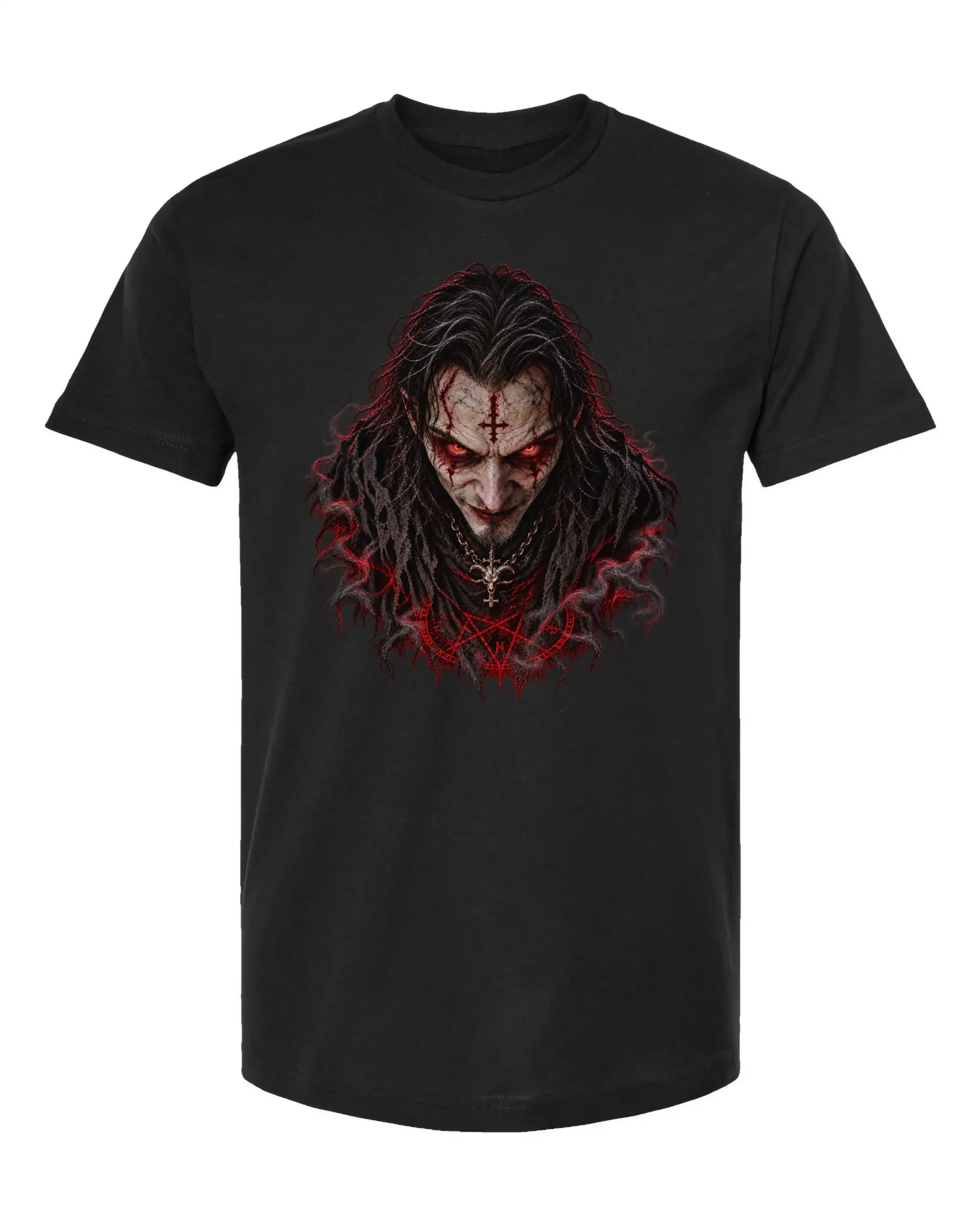 black T-shirt with a pale horror figure, glowing red eyes, long dark hair, and crimson graphic details.